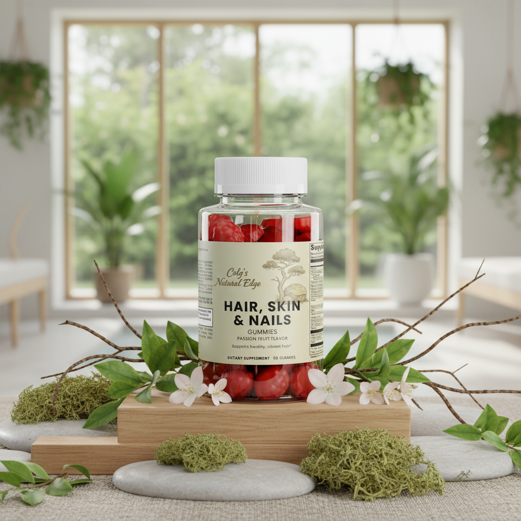Hair, Skin & Nails Gummies with Natural Clinical Spa and Nature Background