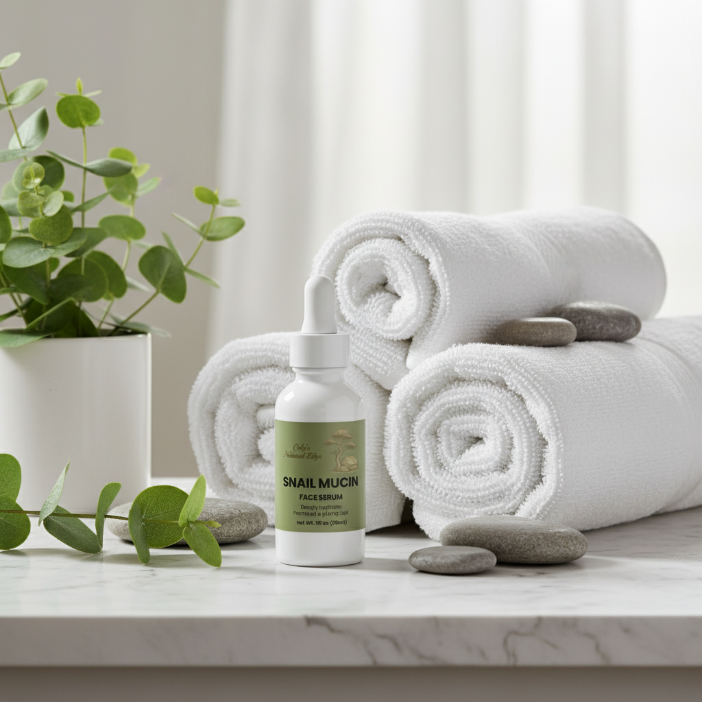 Snail Mucin Face Serum on marble spa countertop with natural elements