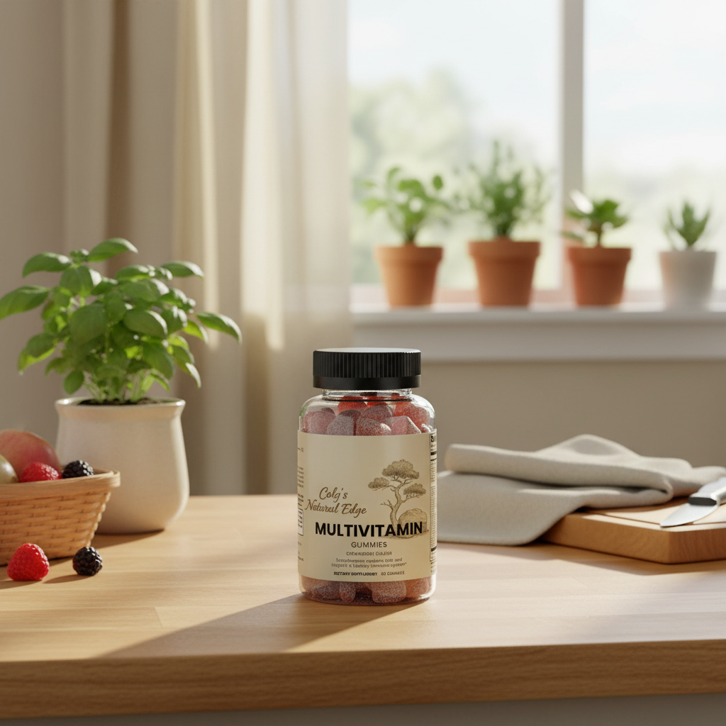 Multivitamin Bear Gummies (Adult) with Warm Natural Home Background