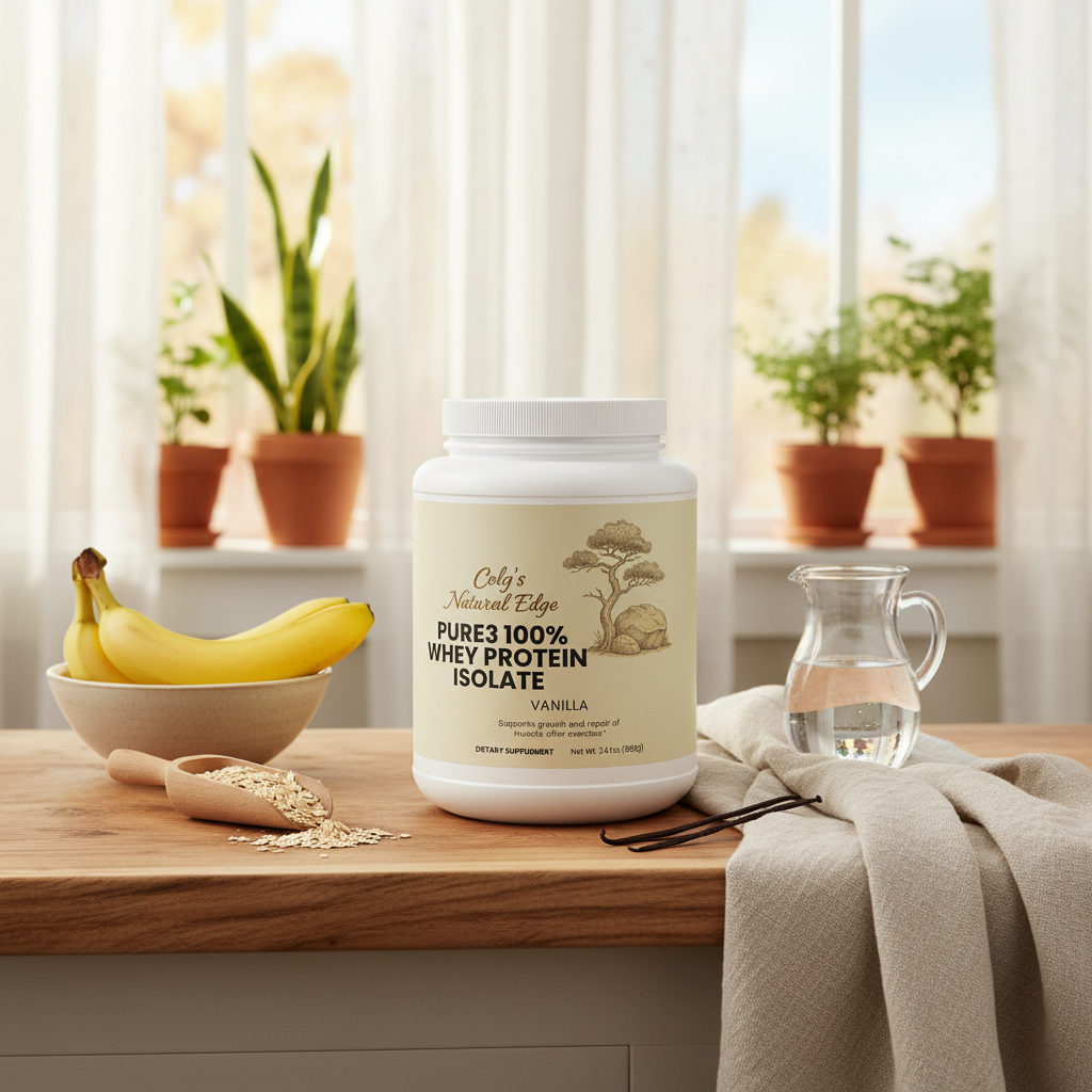 Pure3 100% Whey Protein Isolate (Vanilla) with Warm Natural Home Background